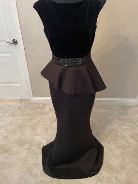 Eliza J Black Velvet Peplum Mermaid Maxi Dress with Jeweled Belt